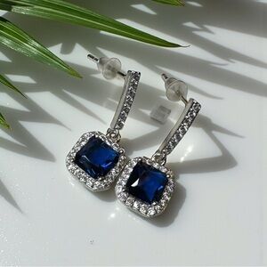 Nikola Valenti Blue Crystal Drop Earrings w/ Halo – Silver Tone